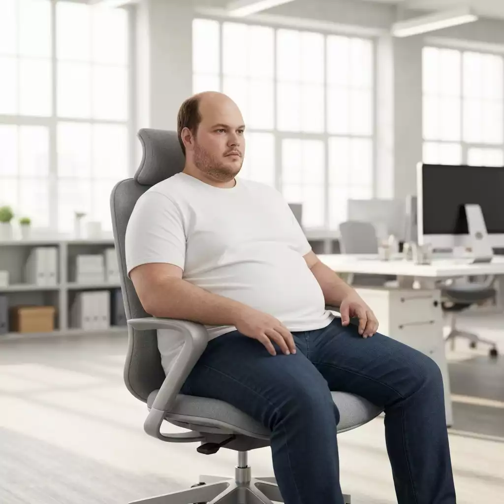 Heavy individual sitting comfortably in an ergonomic office chair