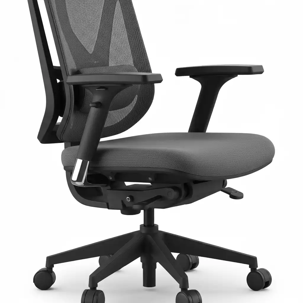 Close-up of a modern ergonomic office chair showing adjustable features like lumbar support, armrests, and headrest, clean professional setting