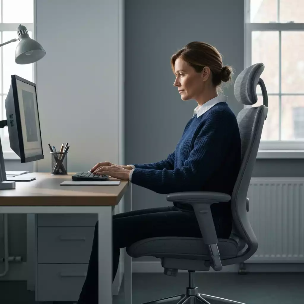 Person comfortably working at a desk in a grey ergonomic office chair
