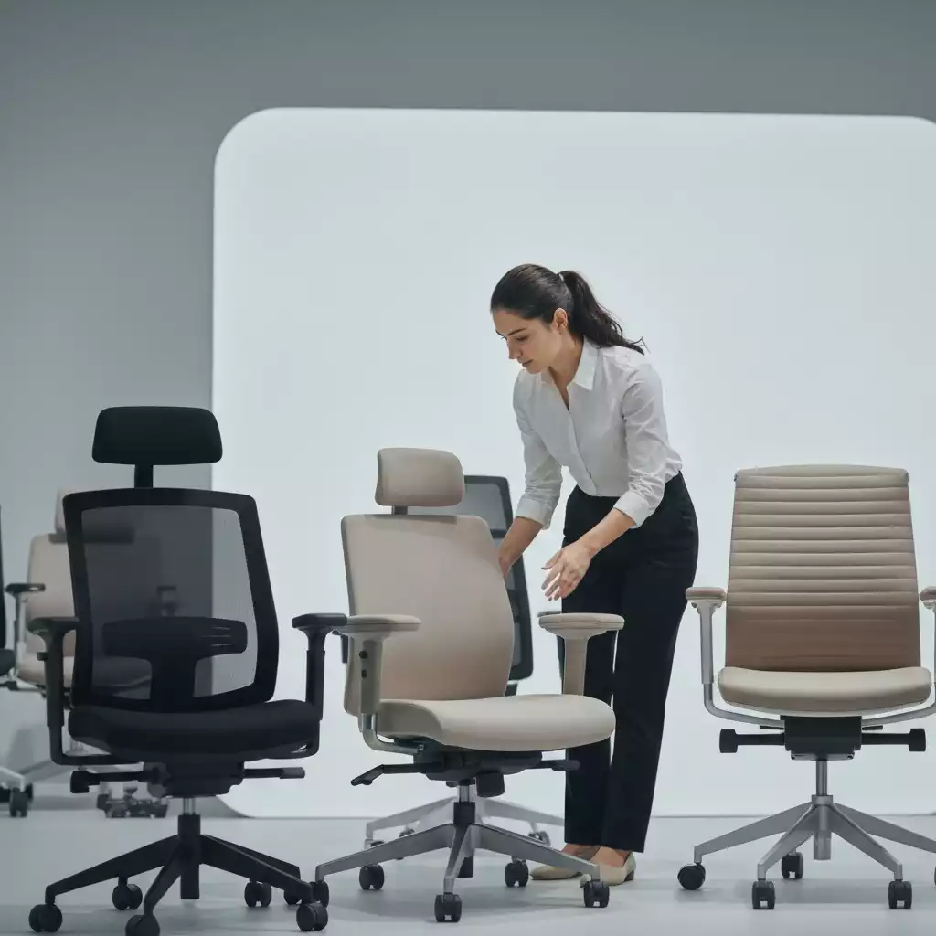 Person evaluating different office chairs in a modern showroom, neutral colors, bright lighting
