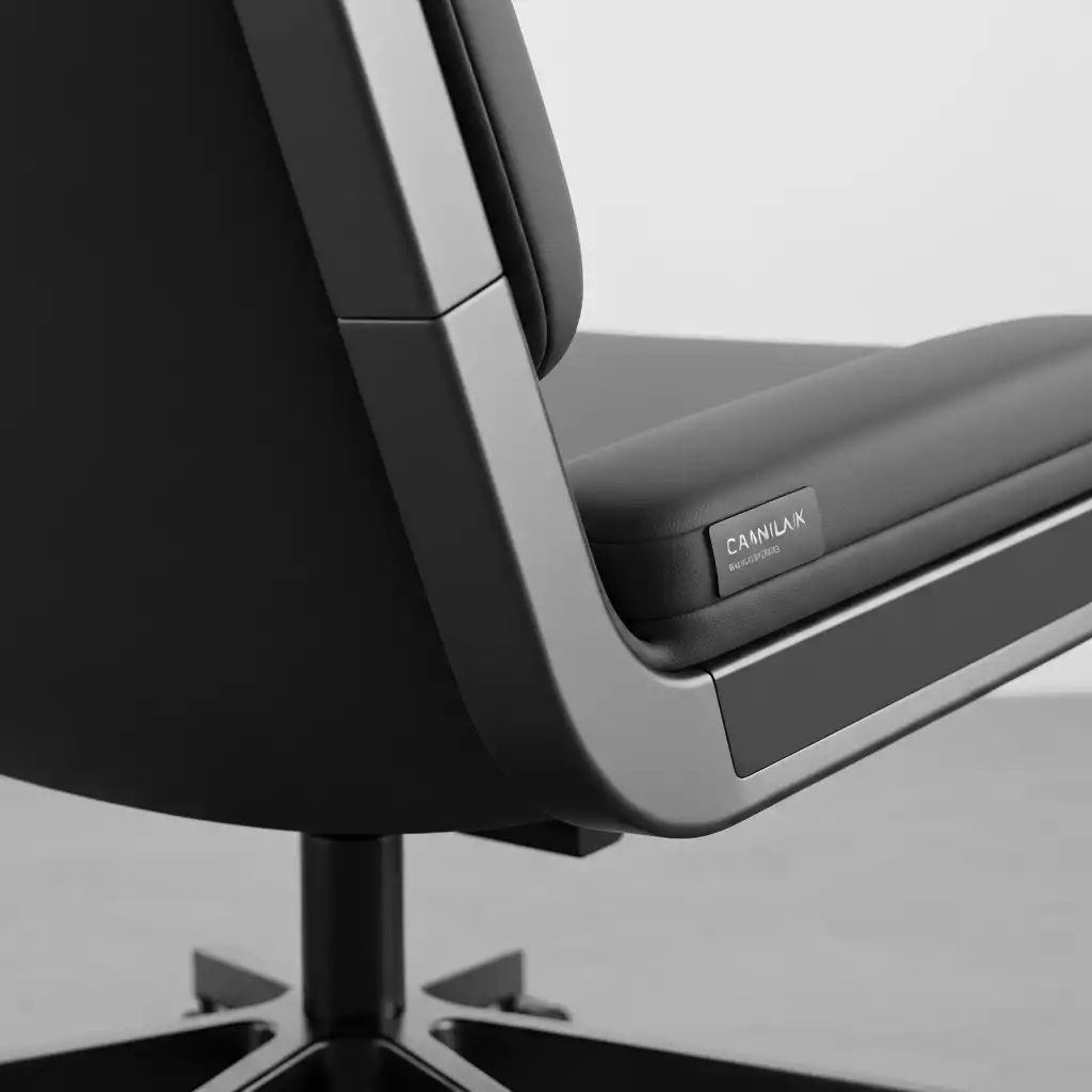 Close-up of a modern, high-end office chair label, subtly showing brand quality