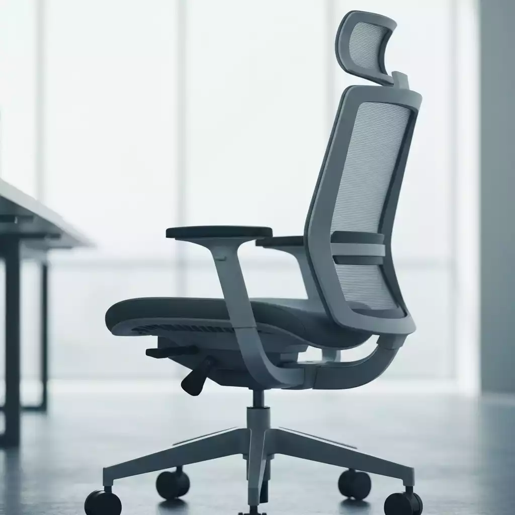 Modern ergonomic office chair in a clean office setting, highlighting adjustable features