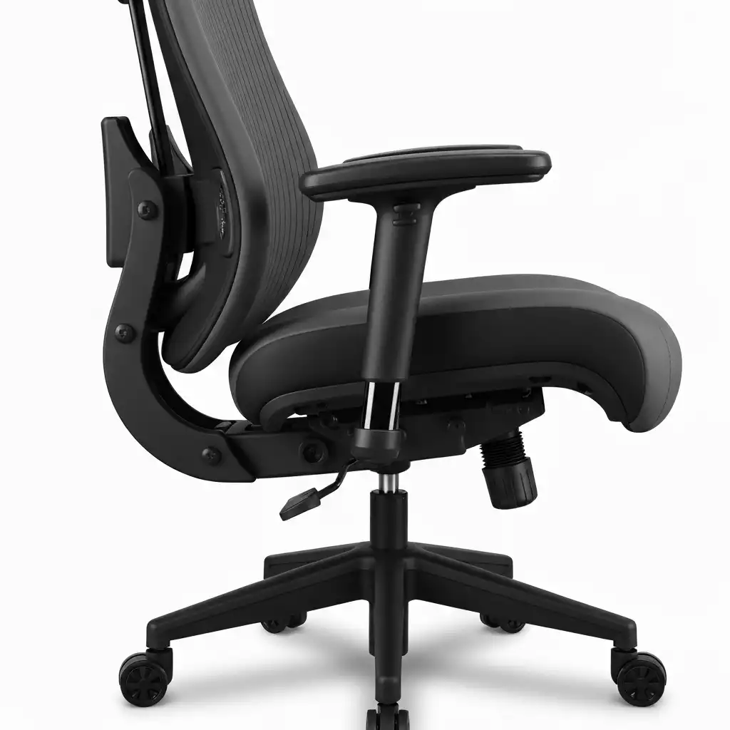 Close up of ergonomic office chair adjustments for heavy individuals