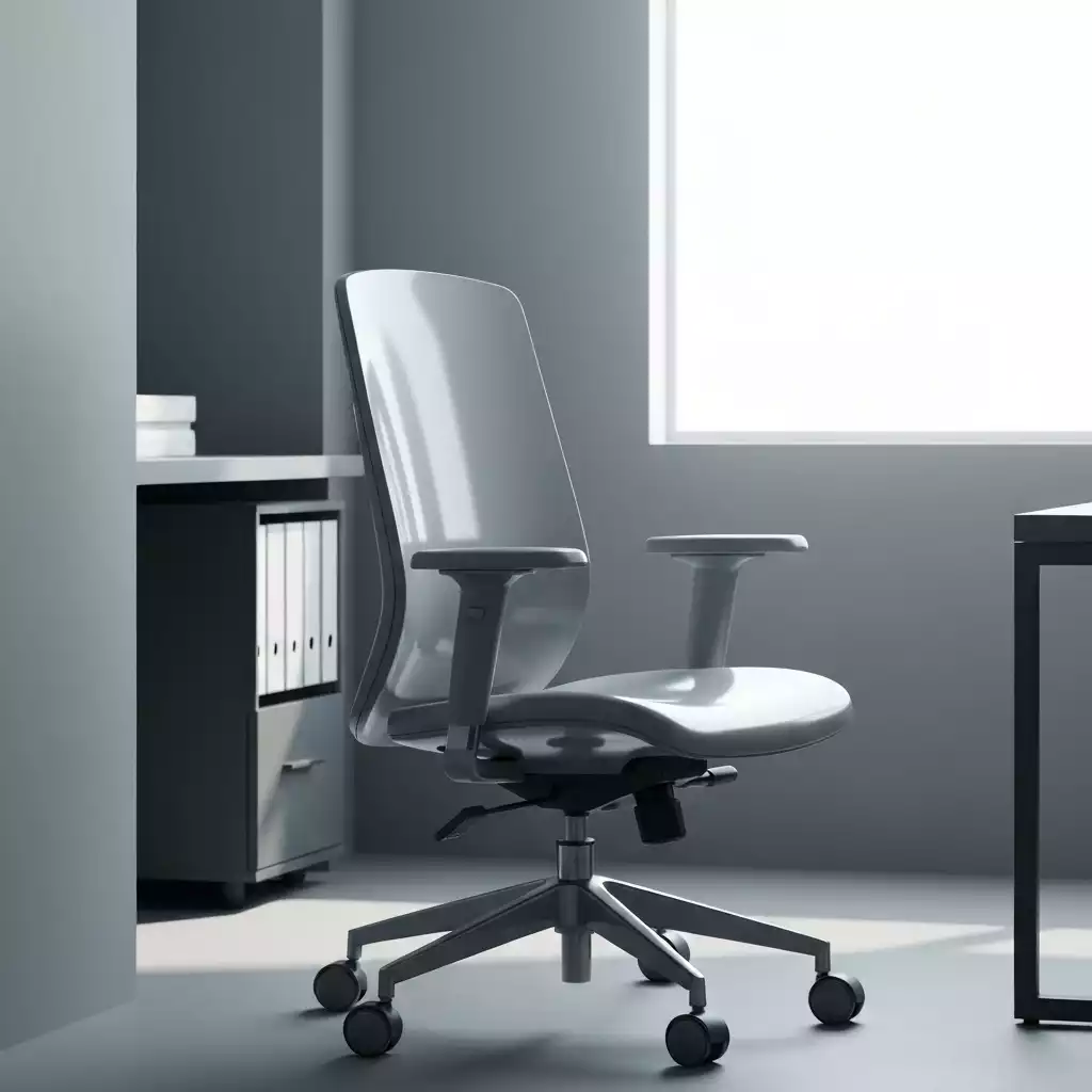 Modern grey office chair in a minimalist office setting
