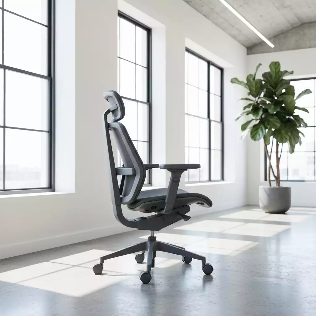 Modern ergonomic office chair with adjustable features in a clean office setting