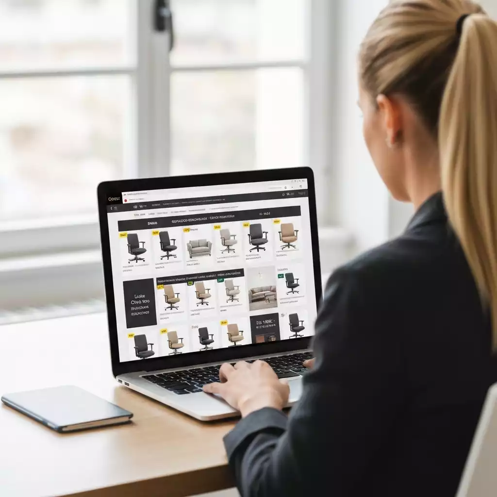 Person using a laptop to search for office chair discounts, showing various search results and online stores