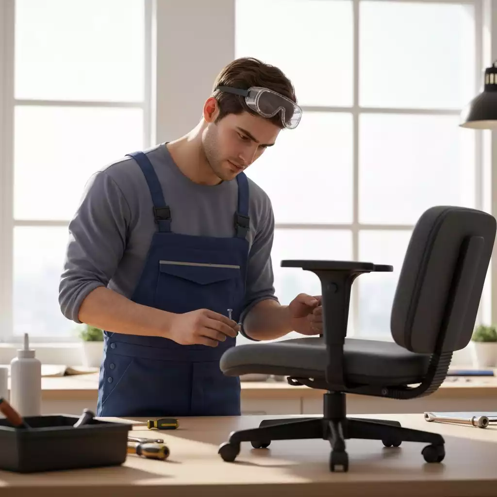 Person performing maintenance on an office chair