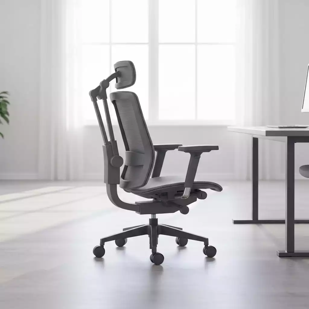 Modern ergonomic office chair in a bright, clean office setting, no text, no words, no typography, 8K, natural lighting