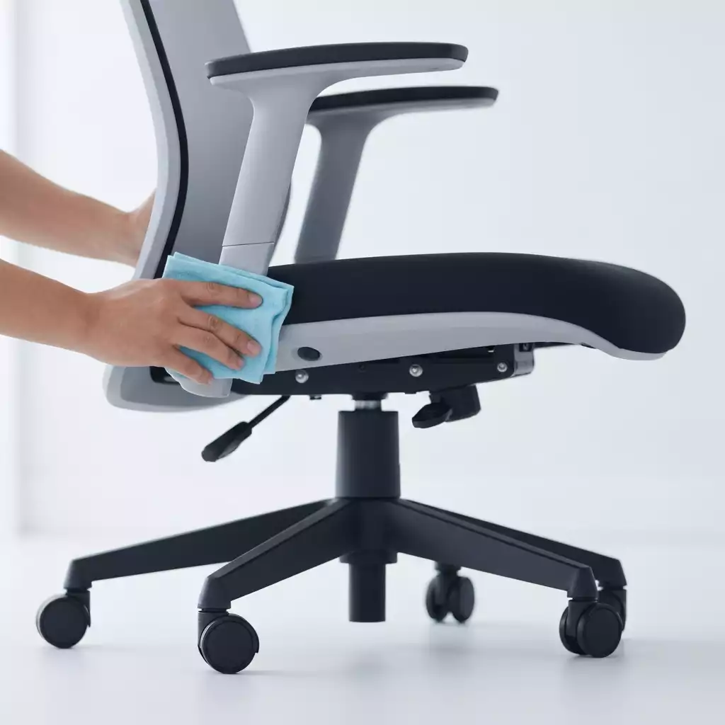 Someone cleaning and performing maintenance on an office chair