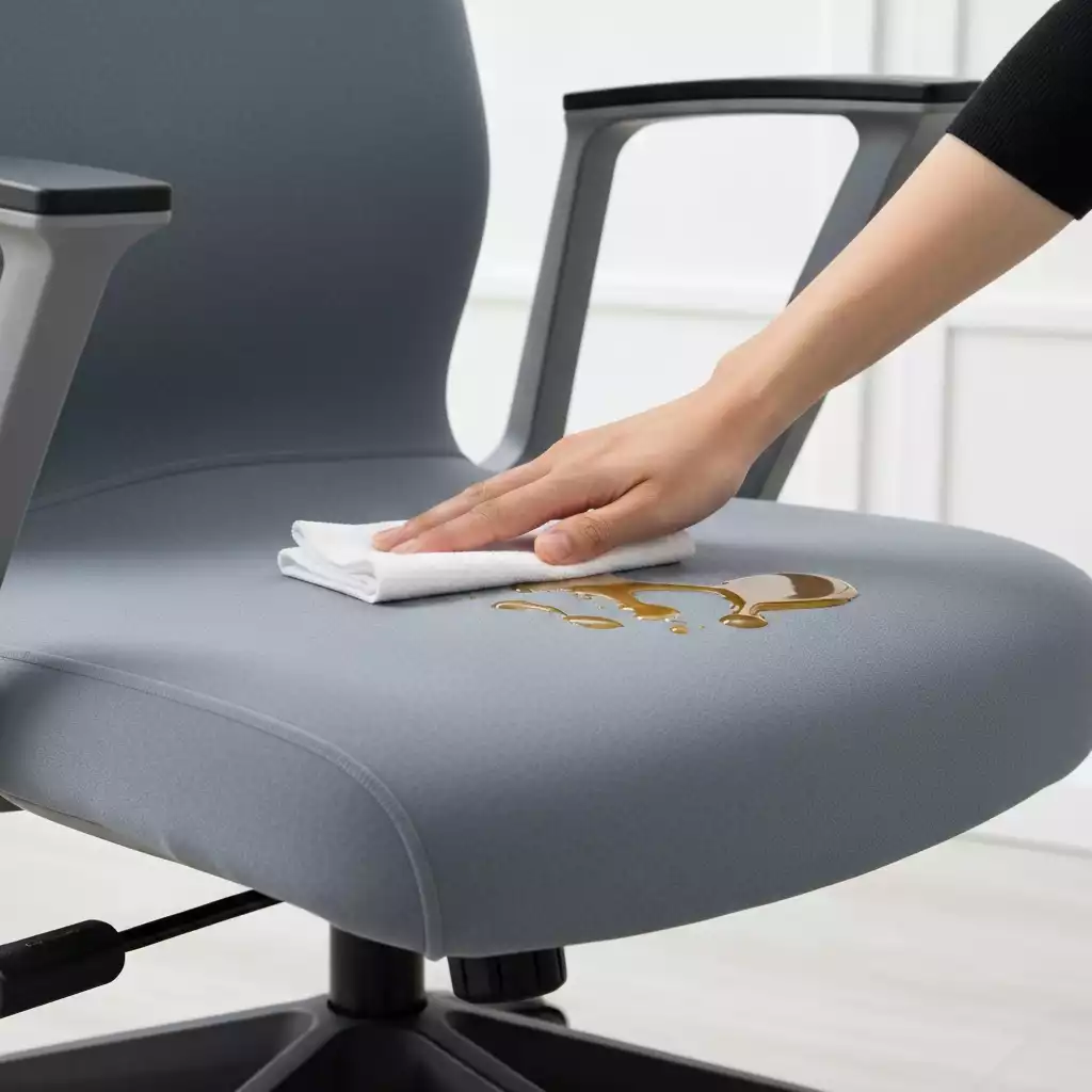 Close-up of a hand wiping a spill off a modern office chair with a fitted cover, showing spill protection and easy cleaning