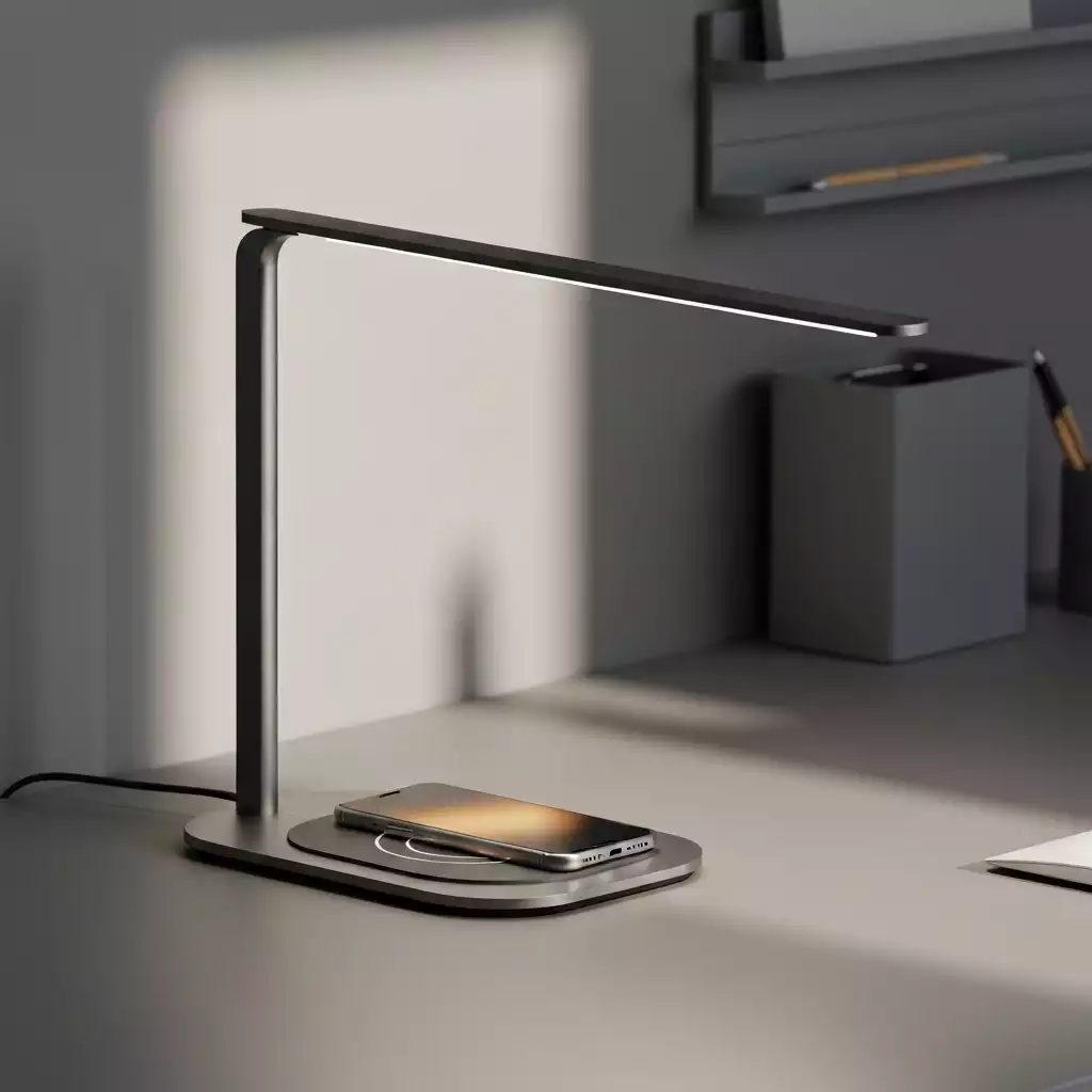 Modern desk lamp with wireless charging pad, charging a smartphone, clean minimalist workspace, no text, no words, no typography