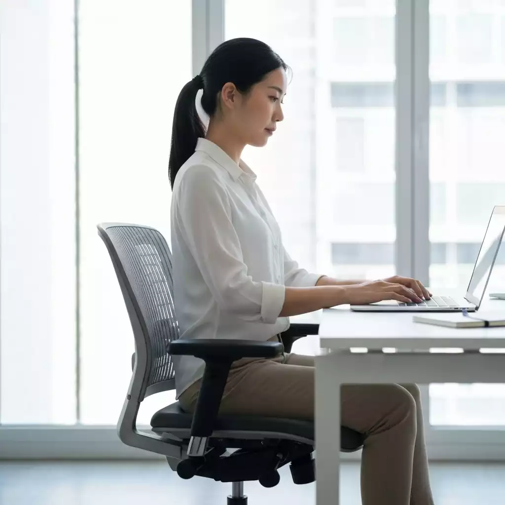 Person comfortably seated in an ergonomic office chair, working on a laptop with good posture