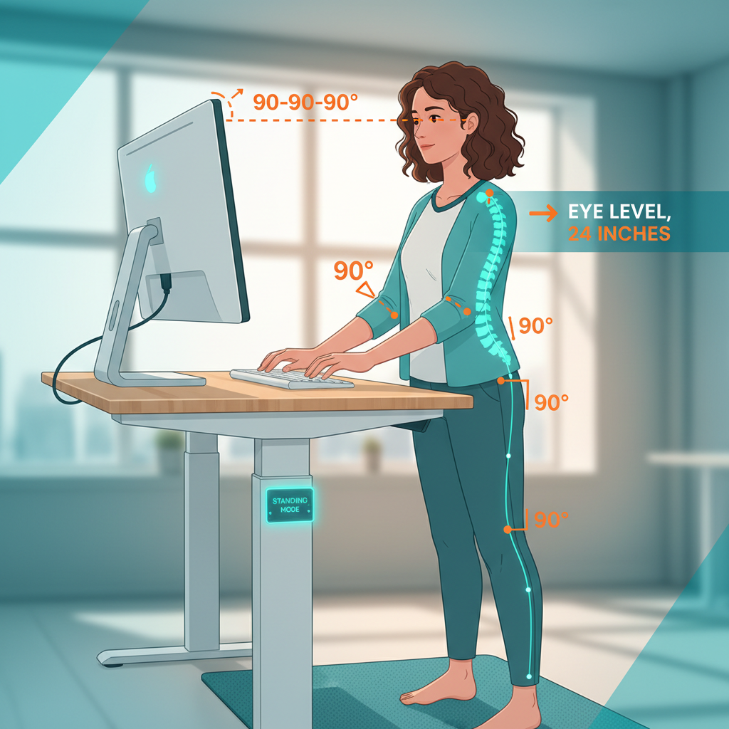Digital illustration, graphic design style, Landscape format (1536x1024) close-up scene of a person adjusting an electric sit-stand desk to standing height, viewed from a low angle looking up, showing proper ergonomic posture: monitor at eye level 24 inches away, wrists straight on keyboard, feet flat on anti-fatigue mat. Overlay diagram showing the 90-90-90 rule with angle annotations in orange, spine alignment indicators, monitor distance markers. Warm natural office lighting, photorealistic quality, health and wellness editorial style, teal and white color scheme.