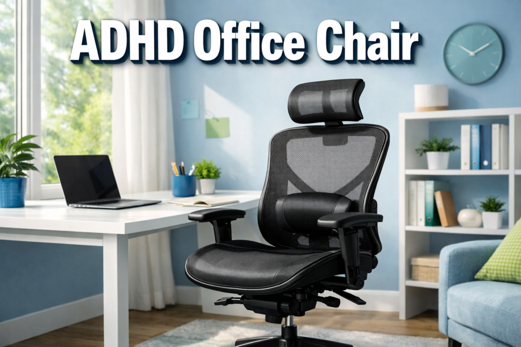 ADHD Office Chair image with bold text overlay: 'ADHD Office Chair' in extra large 72pt white bold sans-serif font with deep shadow effect, centered upper-third composition. Background shows a bright, modern ergonomic home office featuring a sleek mesh office chair with lumbar support, clean white desk, soft natural lighting from a large window, subtle blue and green accent colors. Magazine cover aesthetic, high contrast, editorial quality, neurodivergent-friendly workspace atmosphere, professional 2026 style.