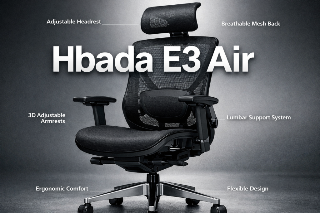 Professional hero image for 'Hbada E3 Air' with bold text overlay 'Hbada E3 Air' in extra large 70pt white sans-serif font with dark shadow, centered. Background shows the Hbada E3 Air ergonomic office chair in full view — sleek black mesh backrest, adjustable headrest, 3D armrests, and lumbar support panel clearly visible. Magazine cover quality, editorial style with subtle gradient background and product spec callouts. Hbada E3 Air