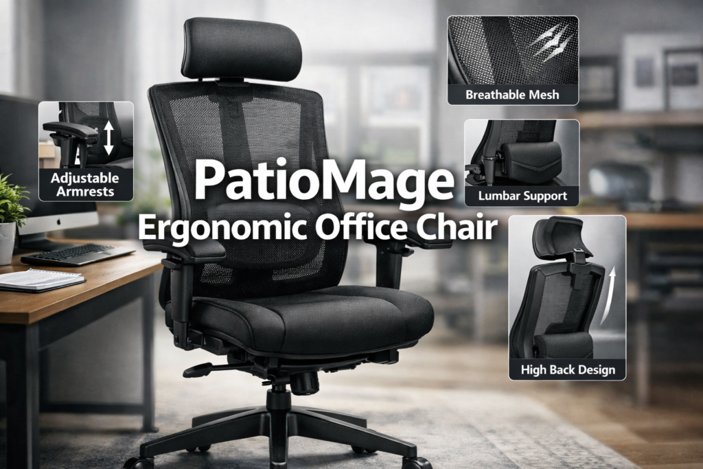 Professional hero image for 'PatioMage Ergonomic Office Chair' with bold text overlay 'PatioMage Ergonomic Office Chair' in extra large 70pt white sans-serif font with dark shadow, centered. Background shows PatioMage Ergonomic Office Chair product interface and key features including mesh back, adjustable armrests, lumbar support system, and high-back design. Magazine cover quality, editorial style. PatioMage Ergonomic Office Chair