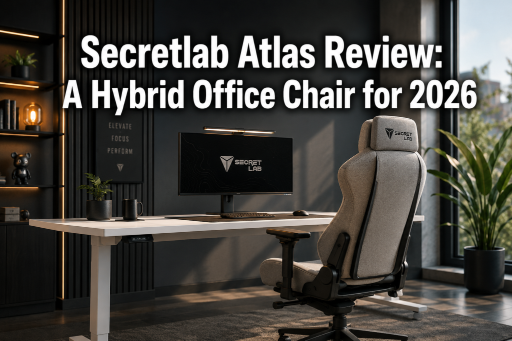 Secretlab Atlas Review Professional landscape format (1536x1024) hero image with bold text overlay: 'Secretlab Atlas Review: A Hybrid Office Chair for 2026' in extra large 72pt white bold sans-serif font with dark drop shadow, centered upper-third composition. Background shows a sleek modern office environment featuring a premium high-back ergonomic chair in neutral tones positioned at a minimalist white desk with soft natural window lighting. Color palette: deep charcoal, clean white, warm amber accent. Magazine cover editorial quality, high contrast, professional aesthetic. Secretlab Atlas Review: A Hybrid Office Chair for 2026