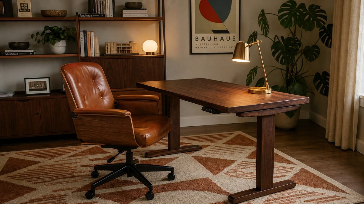Styled mid century modern standing desk workspace with walnut desk, cognac leather chair, geometric rug, and brass lamp
