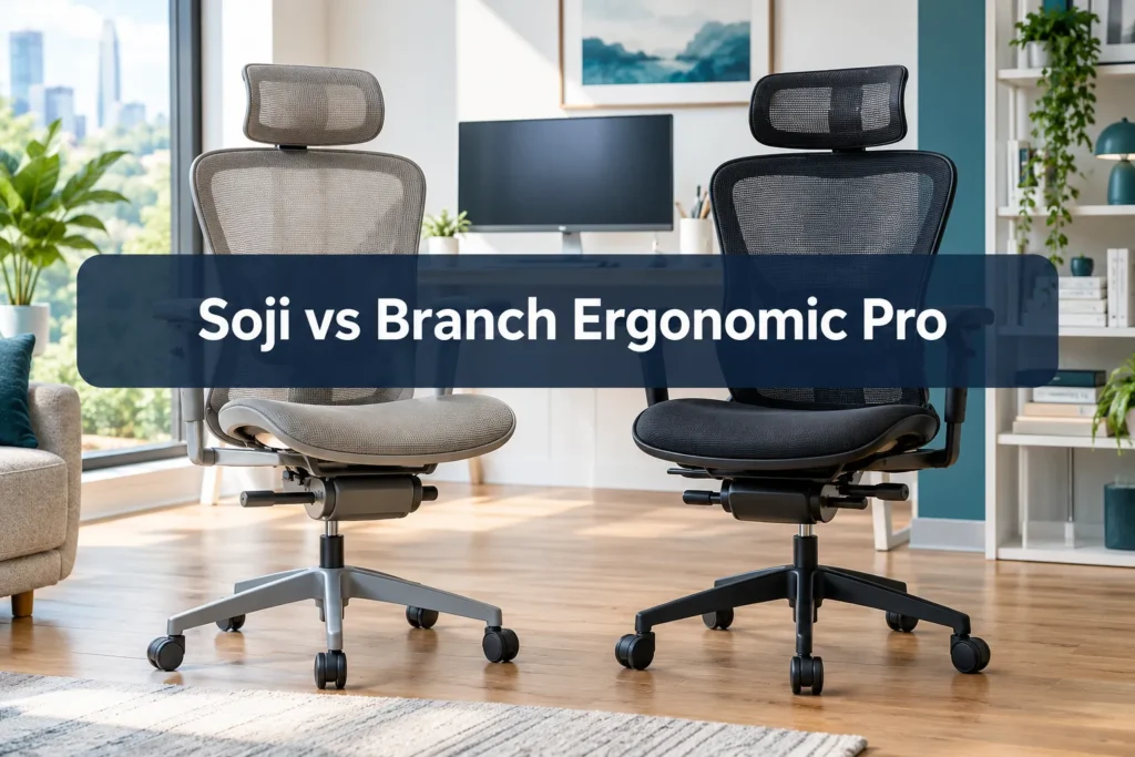 Use these terms in the prompts for images. [A Woman] [A Man] [A Girl] [A Boy] Professional landscape format (1536x1024) hero image with bold text overlay 'Soji vs Branch Ergonomic Pro' (≤42 chars) in crisp white sans-serif on a semi-transparent dark navy overlay panel, centered with 8% safe margins from every edge. Background: bright modern home office scene in natural daylight showing two premium ergonomic mesh office chairs side by side on a clean hardwood floor, one in warm gray tones and one in black, with a minimal white desk and monitor in the background. Studio-quality lighting, sharp product photography aesthetic, teal and navy accent palette, magazine editorial quality. Haworth Soji vs Branch Ergonomic Pro